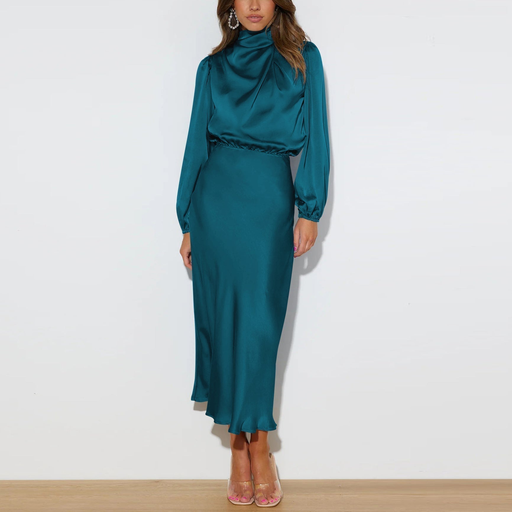 Satin Mock Neck Blouson Long Sleeve Elastic Waist Midi Dress