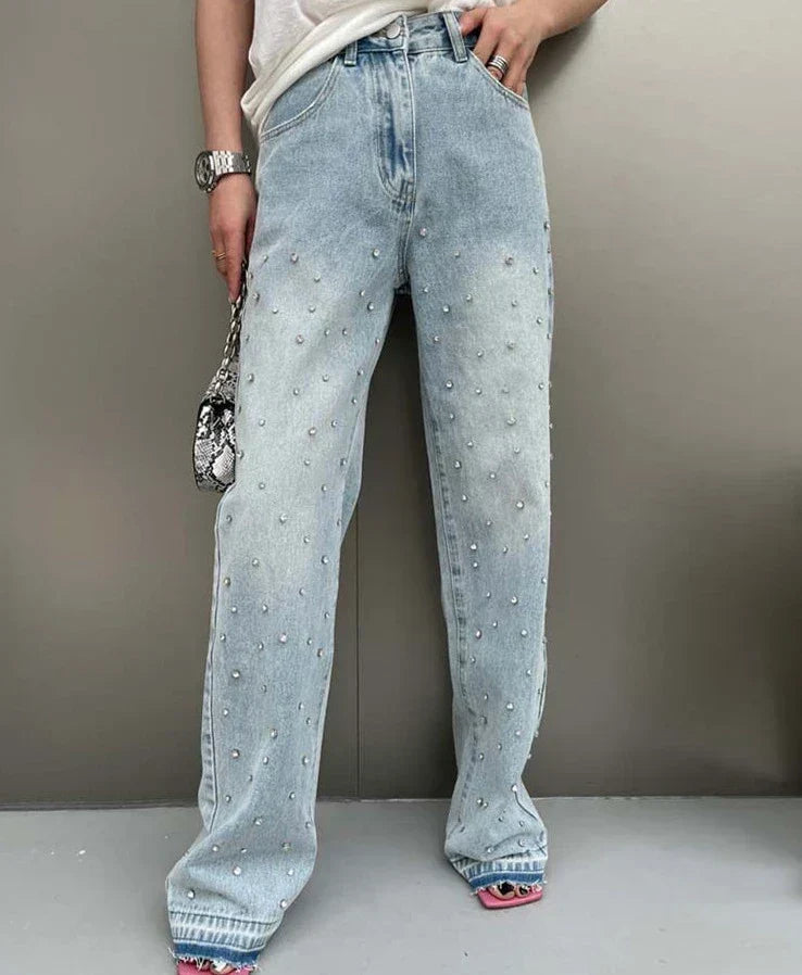 Rhinestone Studded High Waist Straight Leg Frayed Hem Jeans 3