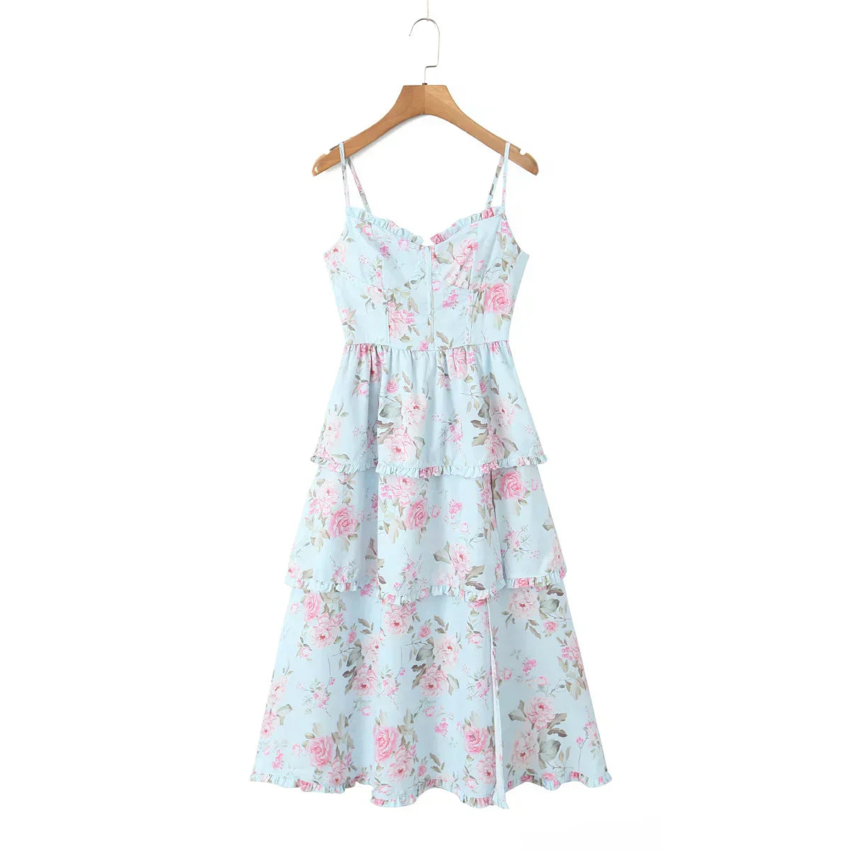 Floral Corset Sweetheart Tiered Ruffle High Low Midi Dress