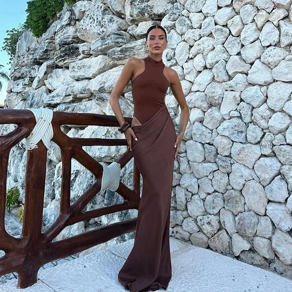 Halter Neck Sleeveless Ribbed Bodice Draped Waist Satin Maxi Gown
