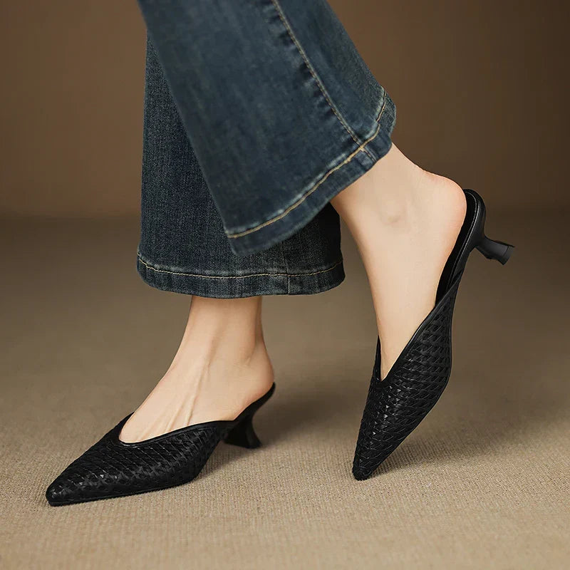 Woven Pointed Toe Kitten Heel Mules