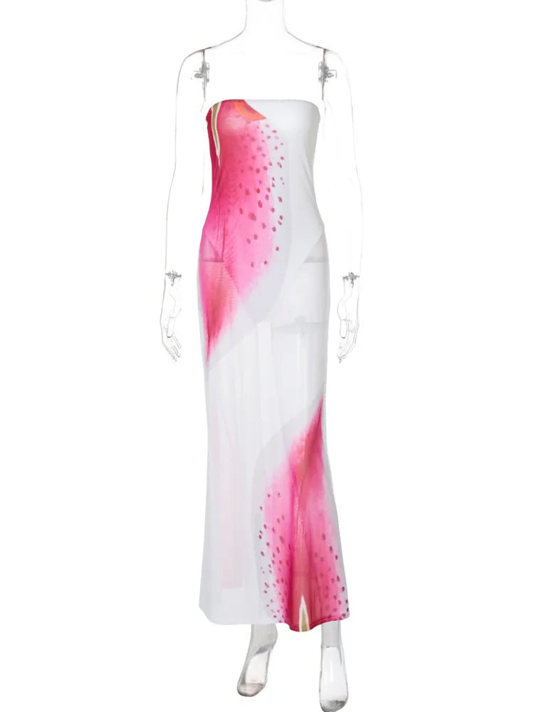 Strapless Ruffle Cutout Bodycon High Split Midi Dress