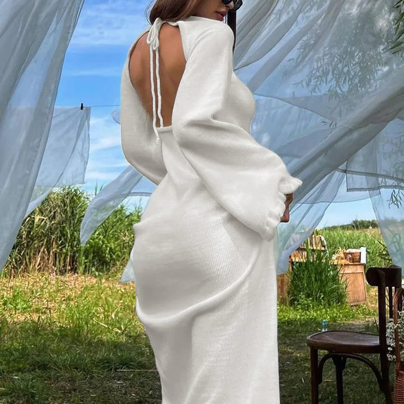 Rib Knit Deep V-Neck Bell Sleeve Bodycon Midi Dress