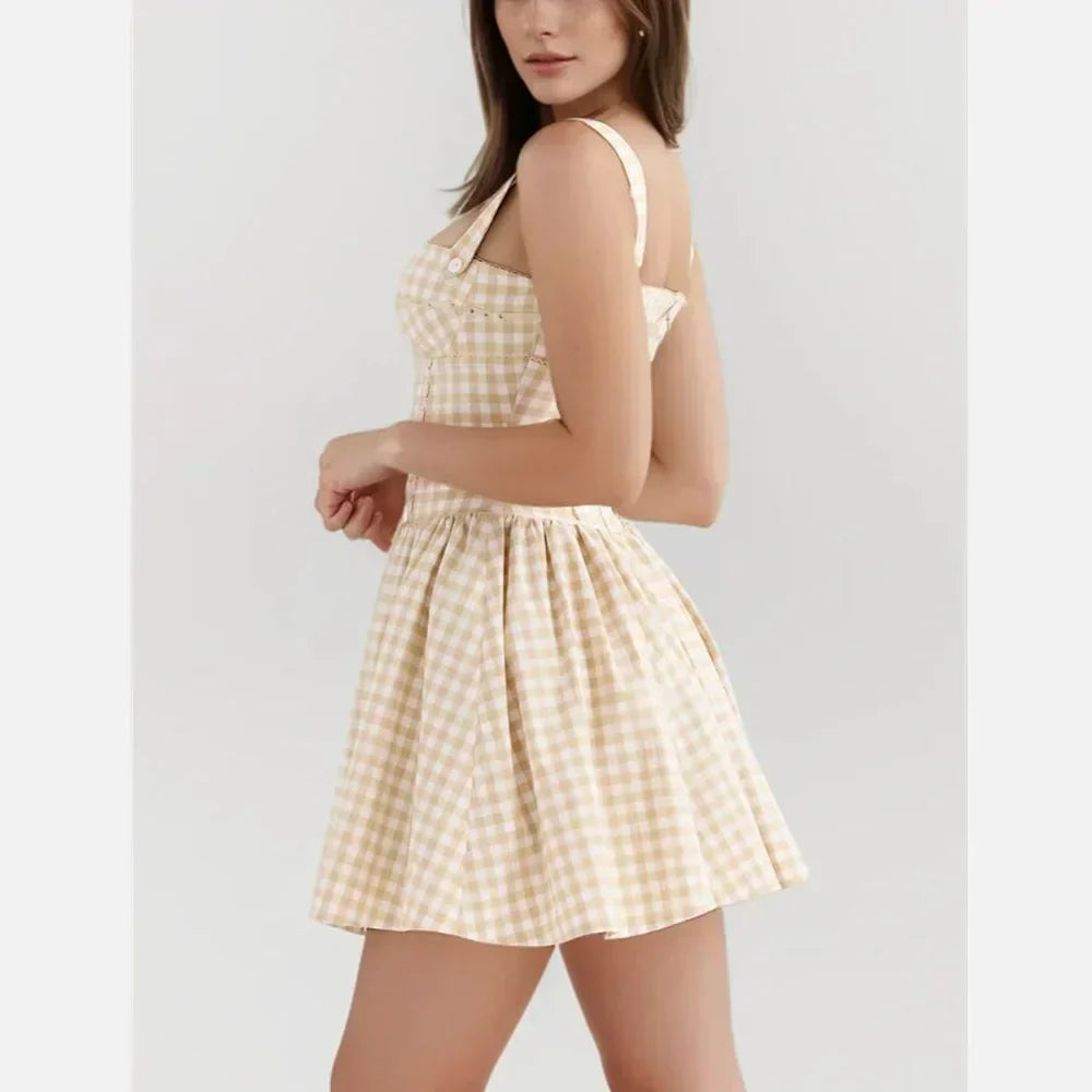 Gingham Print Square Neck Corset Paneled Pleated Fit and Flare Mini Dress