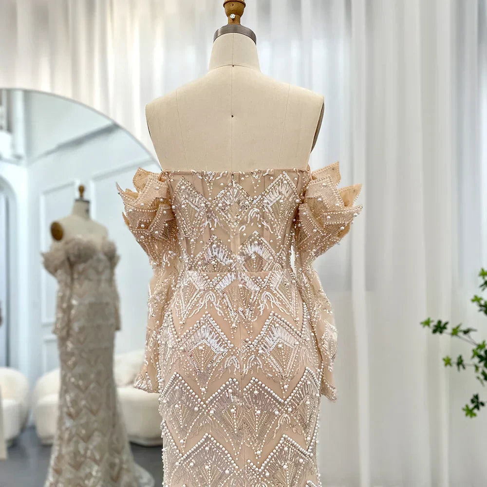 Beaded Off Shoulder Long Sleeve Mermaid Maxi Gown