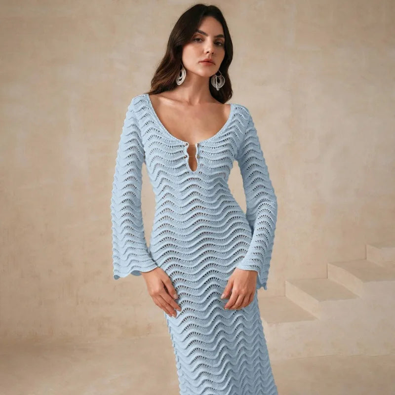 Open Knit Bell Sleeve Keyhole Metal Bar Back Tie Maxi Dress