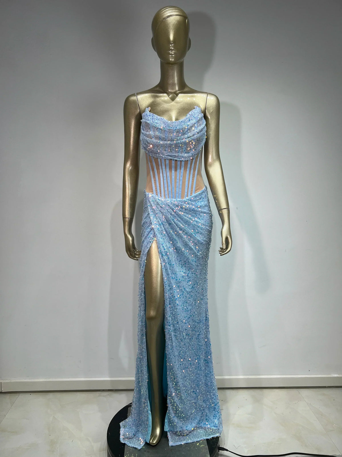 Strapless Mesh Sequins Ruffles Maxi Dress - View 3