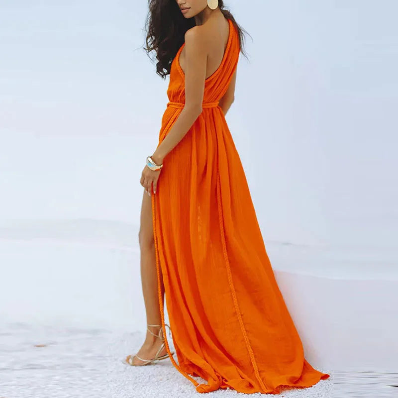 Braided Rope Trim One Shoulder Belted High Split Maxi Dress