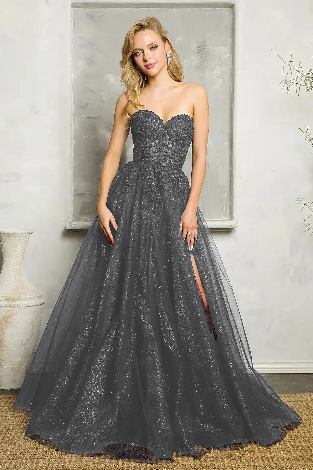 Lace Strapless Sweetheart High Split Tulle A-Line Gown