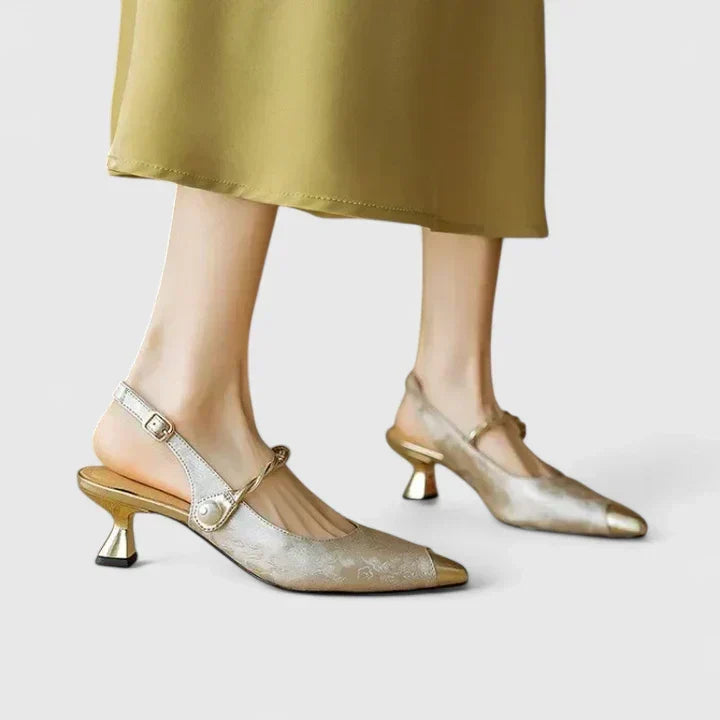 Pointed Cap Toe Slingback Kitten Heel Pumps