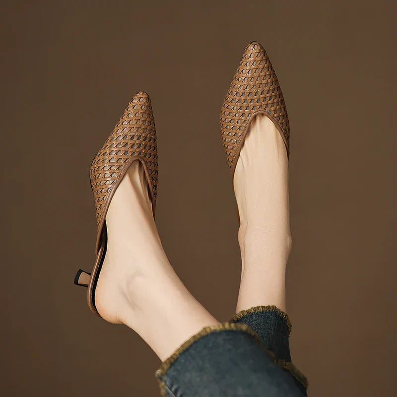 Woven Pointed Toe Kitten Heel Mules
