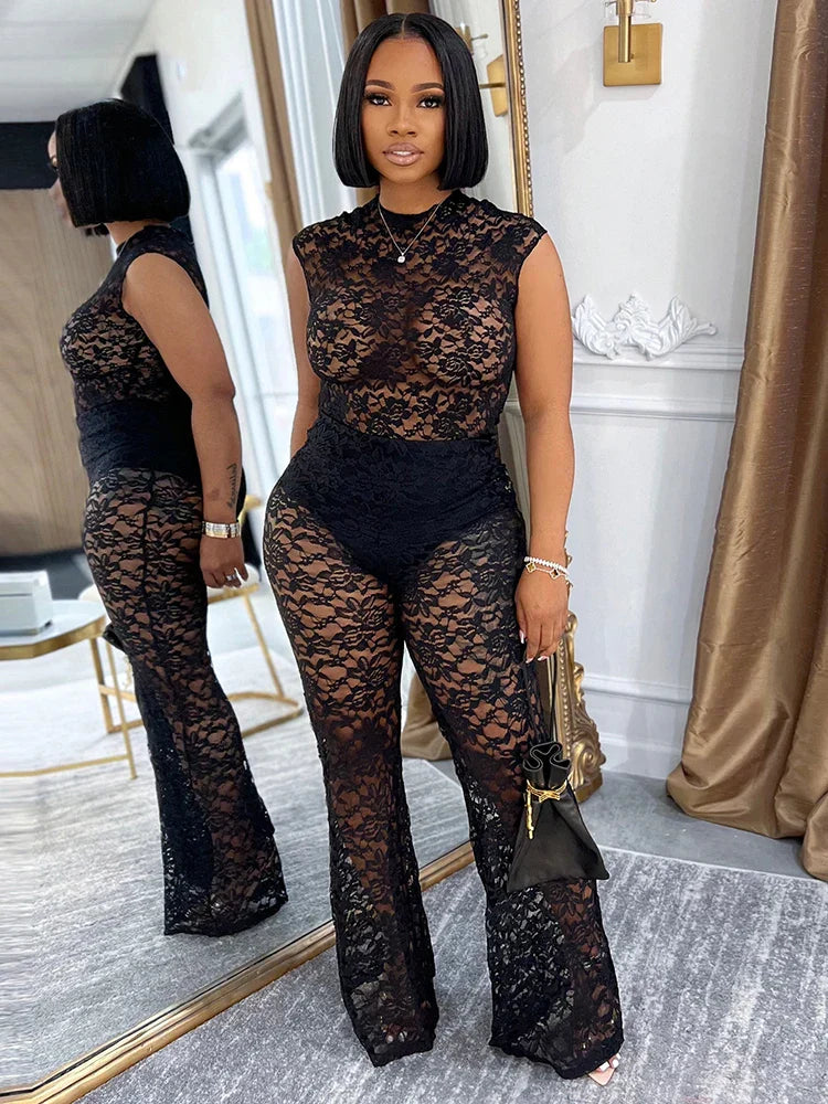 Mesh See Through Flared Two Piece Pants Set