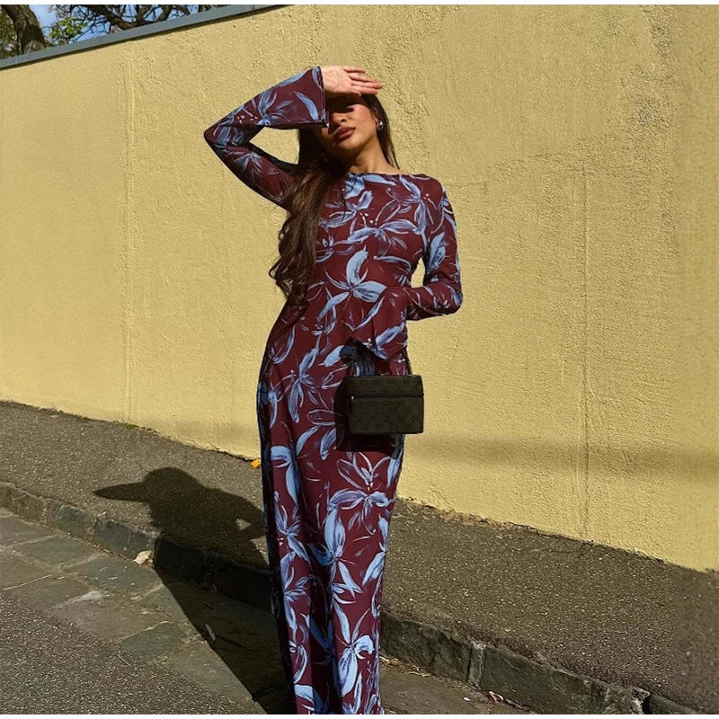 Retro Printed O neck Holiday Dress Women Elegant Full Sleeve Waist cinching Long Dresses Female 2025 Summer Chic Street Vestidos