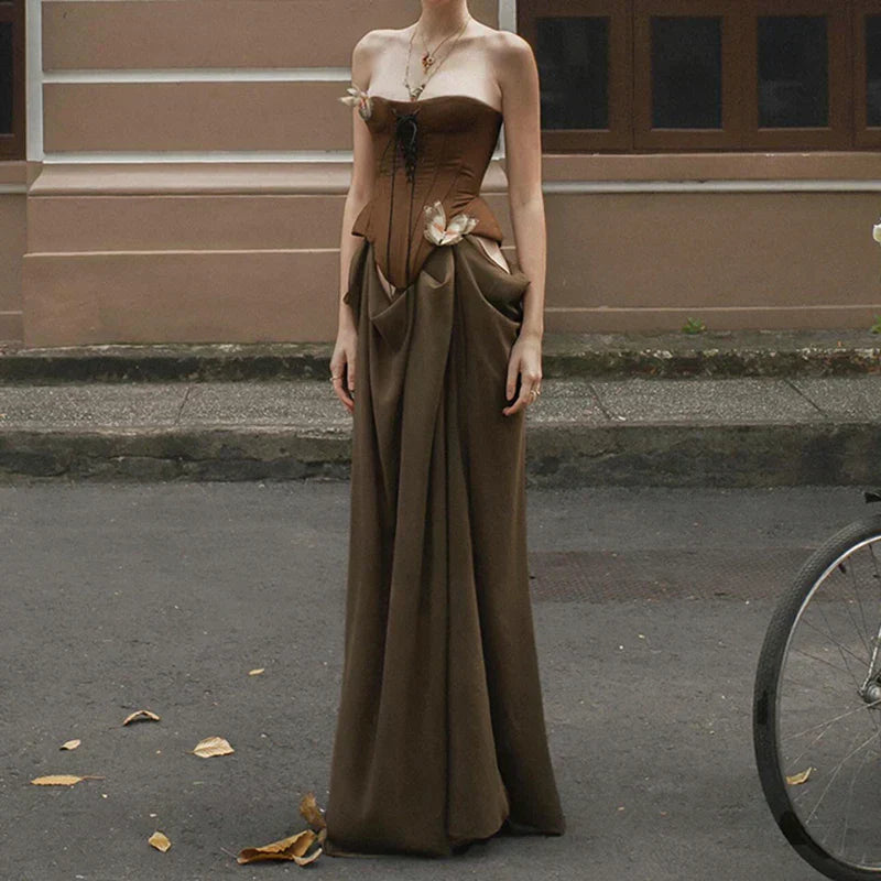 Sexy Women Butterfly Detail Strapless Long Dress Aesthetic Chic Detachable Corset Top Vintage Graceful Maxi Dresses