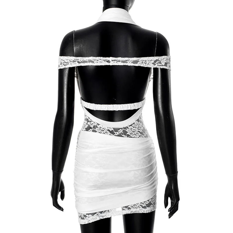 Lace Halter Neck Off Shoulder Ruched Bodycon Mini Dress