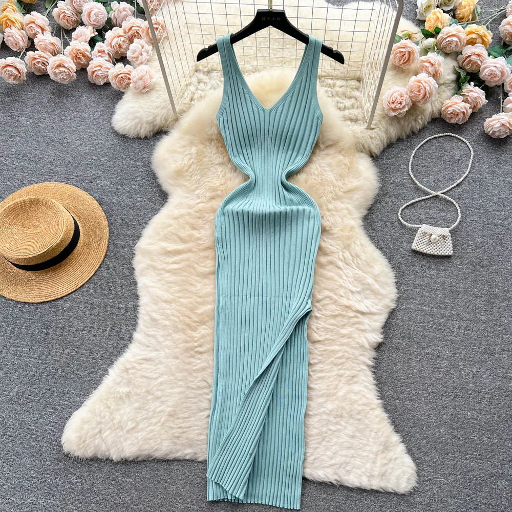 Ribbed Knit V-Neck Sleeveless Cut Out High Split Bodycon Maxi Dress