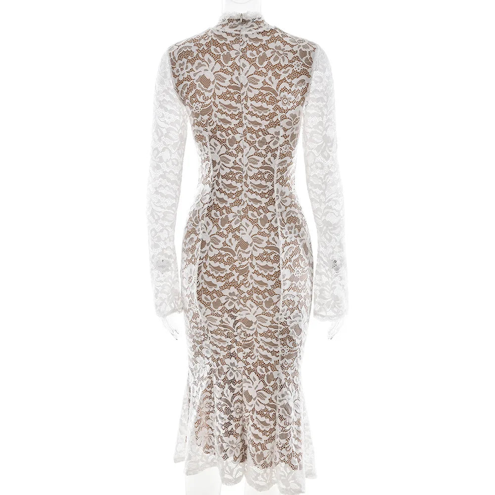 Floral Lace Mock Neck Long Sleeve Scalloped Cuff Bodycon Gown