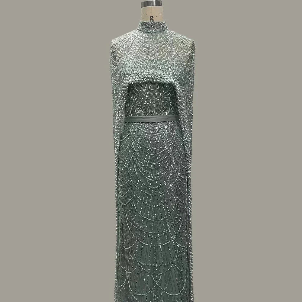 Beaded High Neck Cape Sleeve Sheer Mermaid Gown