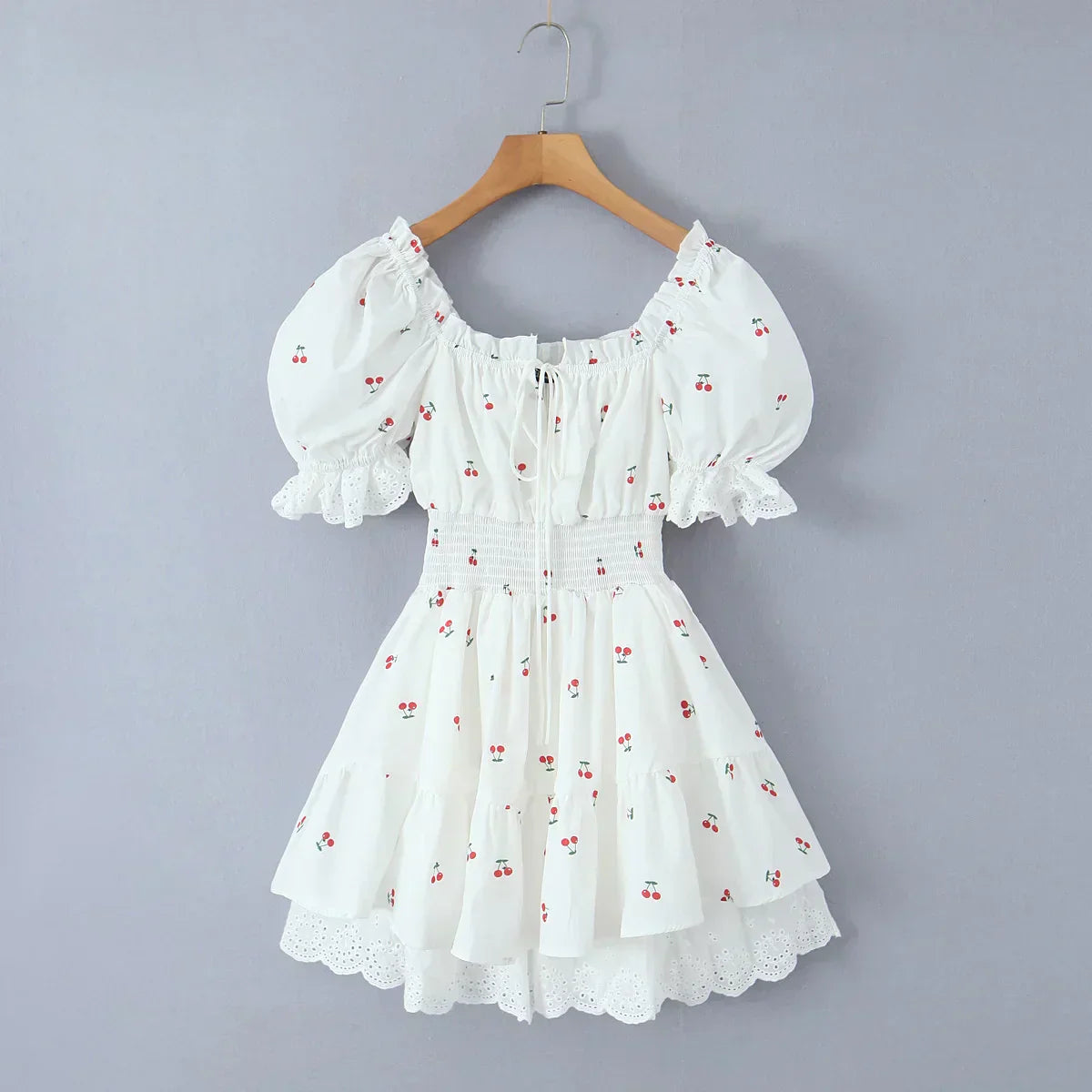 Print Puff Sleeve Ruffles Lace - up Mini Dress