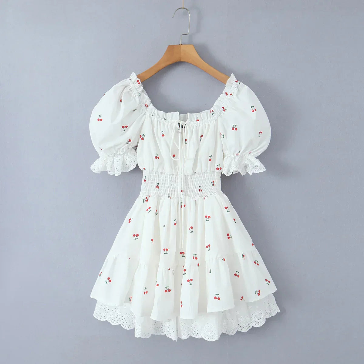 Print Puff Sleeve Ruffles Lace - up Mini Dress