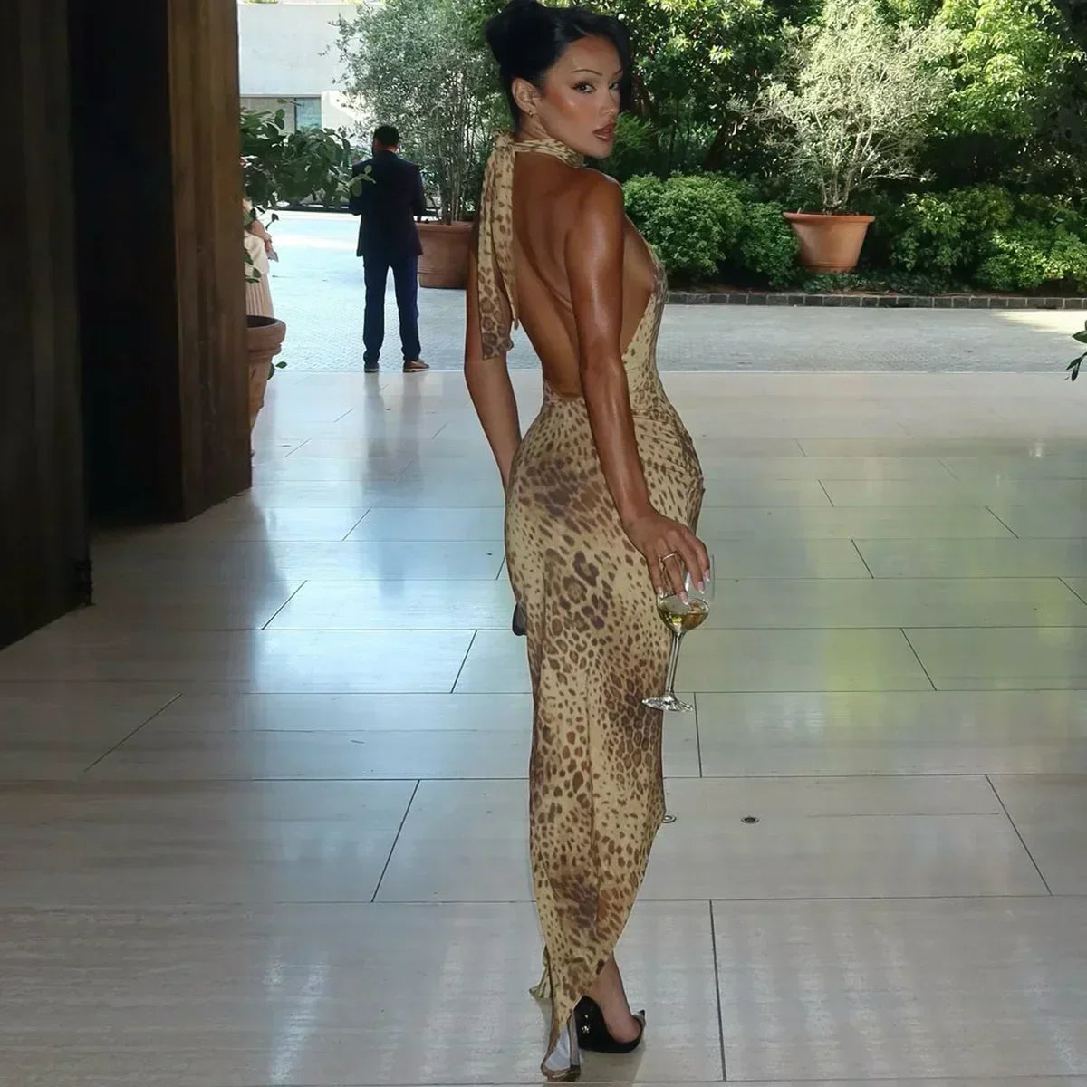 Leopard Print Halter Neck Lace Up Cut Out Ruched Bodycon Midi Dress