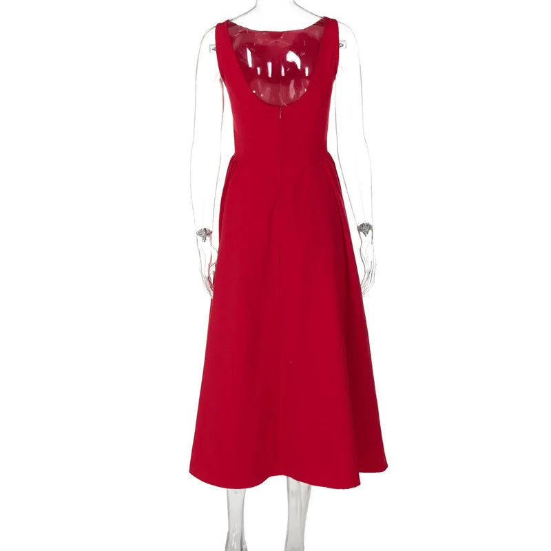 Straight Neck Sleeveless Flare Midi Dress