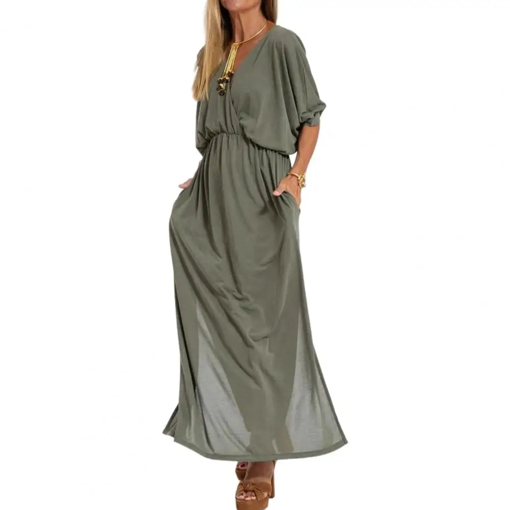 V-Neck Batwing Sleeve Elastic Waist Pocket Maxi Dress