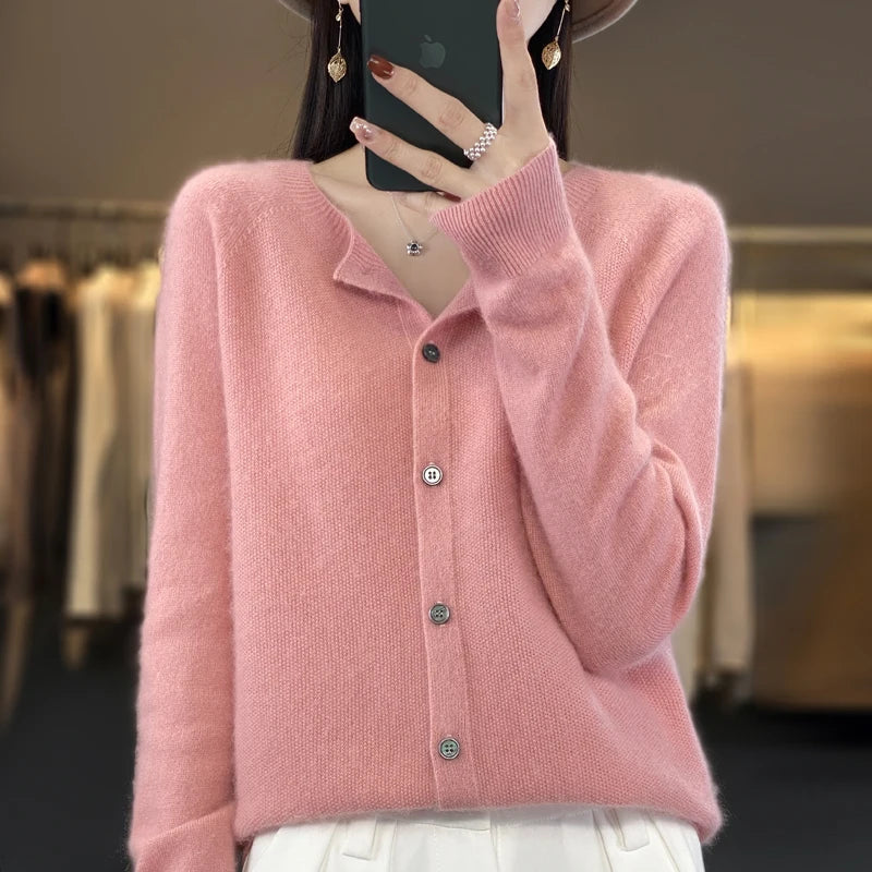 Crew Neck Button Front Long Sleeve Knit Cardigan