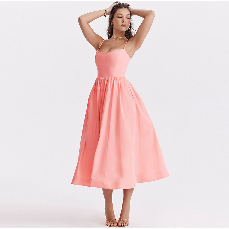 Spaghetti Strap Scoop Neck Pleated Waist Fit and Flare A-Line Midi Dress