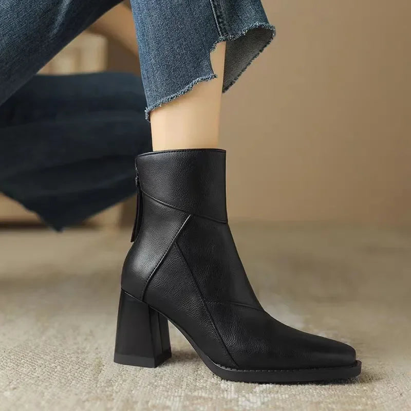 Faux Leather Pointed Toe Chunky Block Heel Ankle Boots