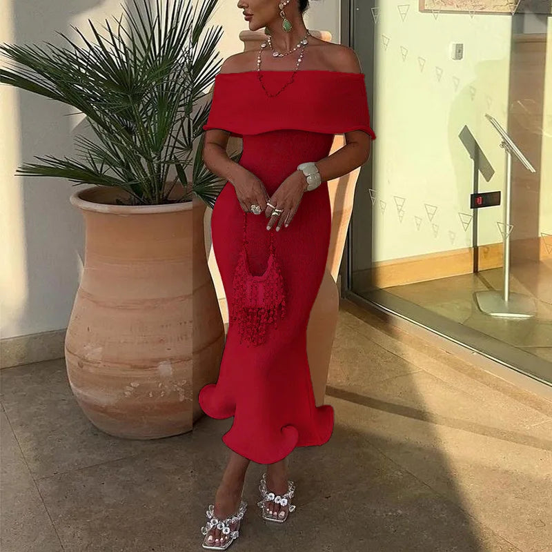 Off Shoulder Fold Over Knit Ruffle Hem Bodycon Midi Dress 10