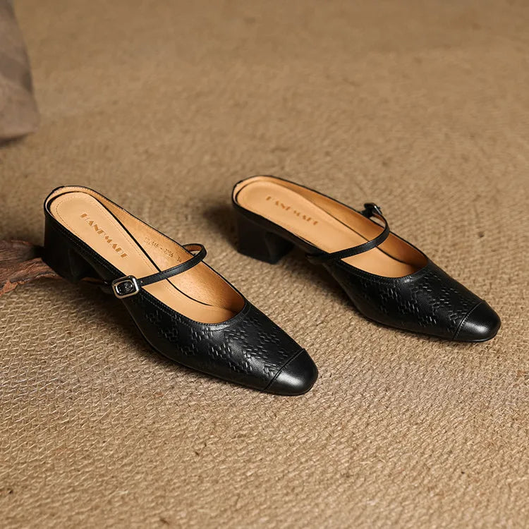 Embossed Square Toe Buckle Strap Block Heel Mary Jane Pumps