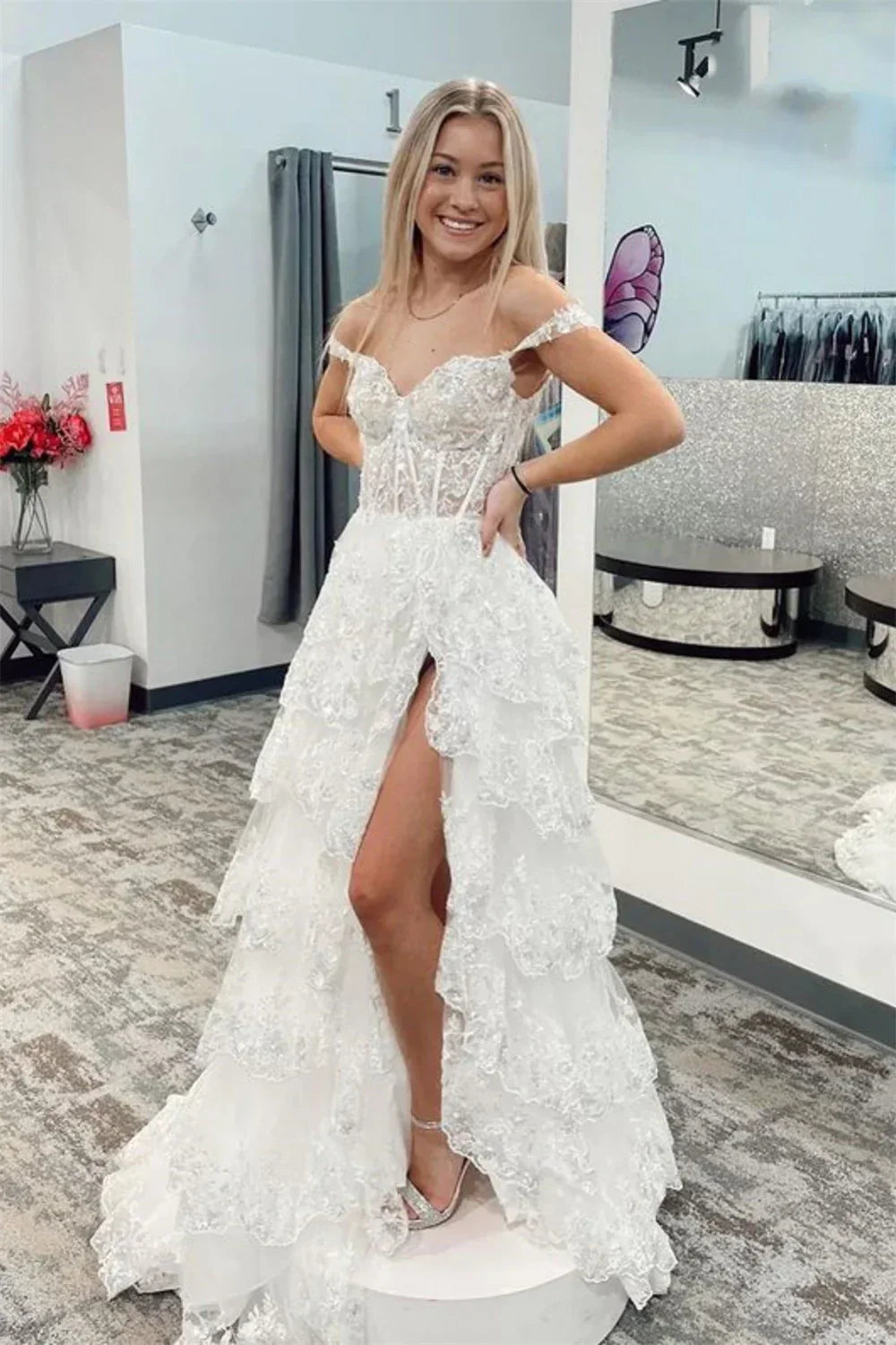 Sequin Lace Sweetheart Corset Tiered High Split Prom Gown