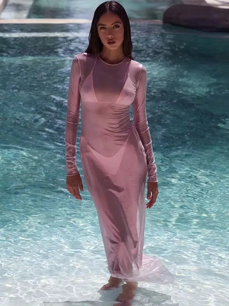Mesh Long Sleeve Crew Neck Bodycon Maxi Dress