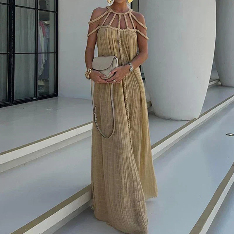 Braided Rope Trim One Shoulder Belted High Split Maxi Dress
