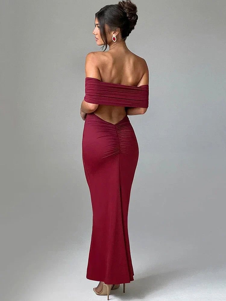 Off Shoulder Pleated Ruched Mermaid Maxi Dress