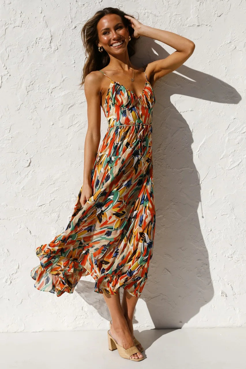 Abstract Print Spaghetti Strap V-Neck Midi Dress