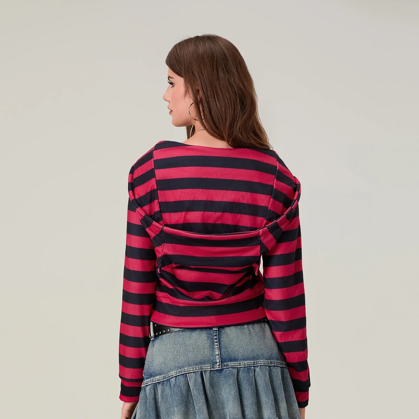 Striped Contrast Zip Cropped Hoodie