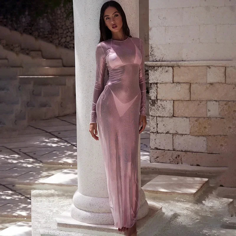 Mesh Long Sleeve Crew Neck Bodycon Maxi Dress