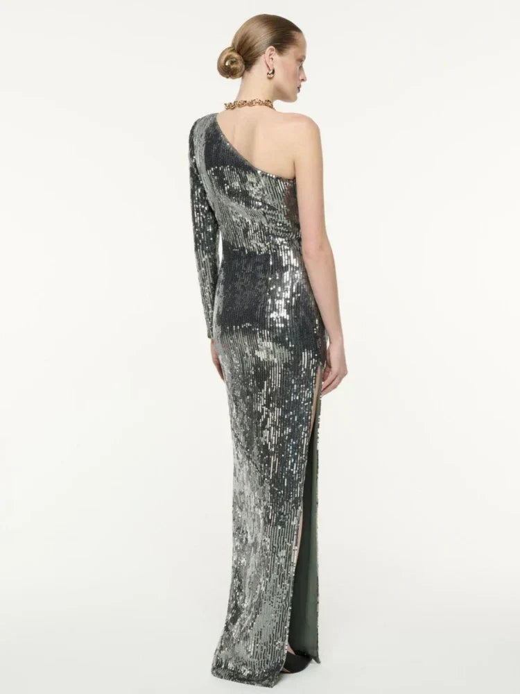 Sequin One Shoulder Long Sleeve Rosette Bodycon Maxi Dress