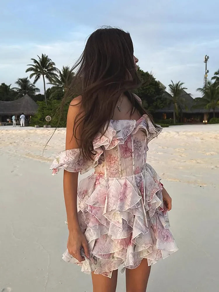 Floral Off Shoulder Ruffle Tiered Chiffon Mini Dress
