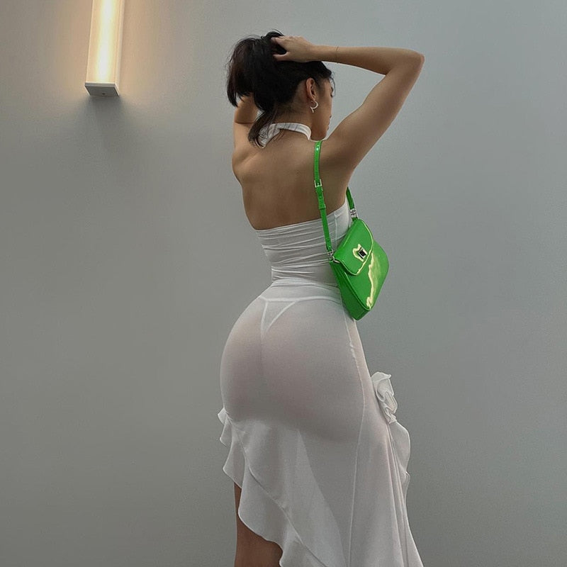 Halter Neck Backless Ruffle Sheer Mesh Midi Dress