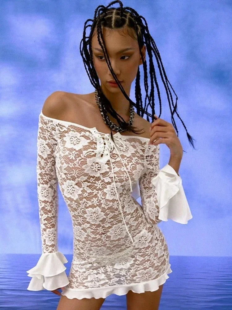 Long Sleeve Streetwear White Lace Dress For Women Slash Neck Outfits See Through Fashions Vestidos Elegantes Para Mujer Ruffles