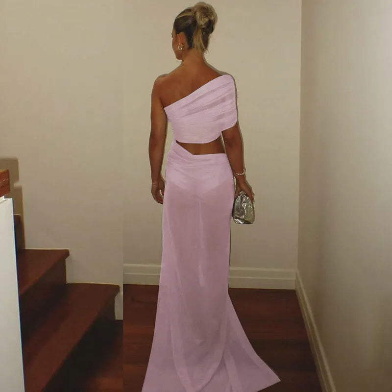 One Shoulder Ruched Mesh Cut Out High Split Maxi Dress 20