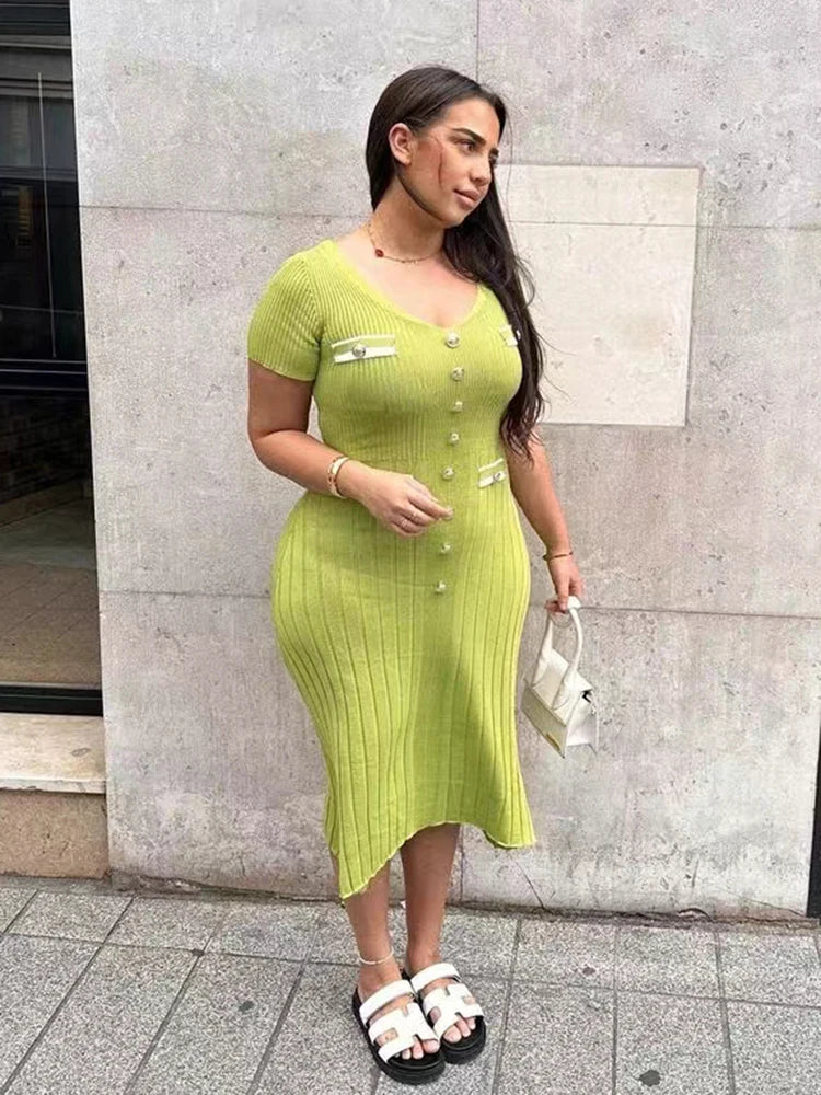 VNeck Knitted Short Sleeve Button Work Dress