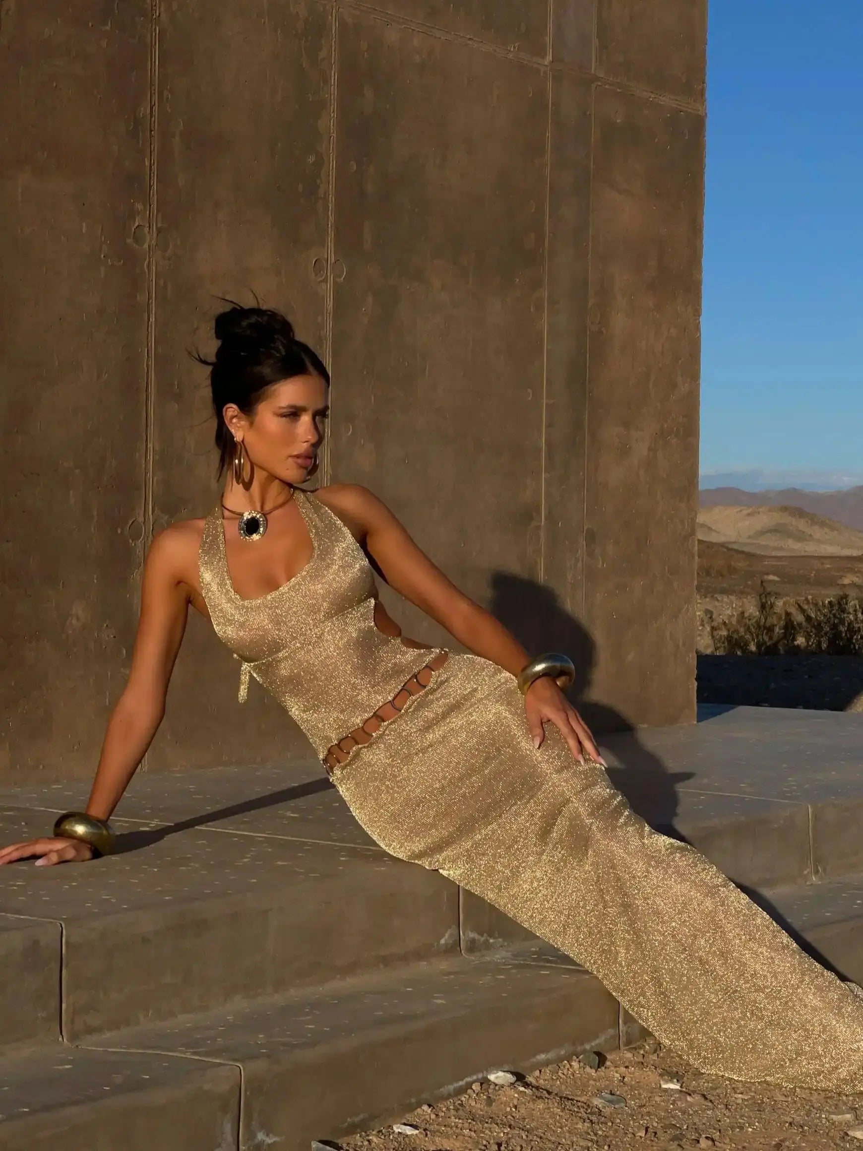 Metallic Mesh Halter Neck Side Cut Out Ring Detail Bodycon Maxi Dress