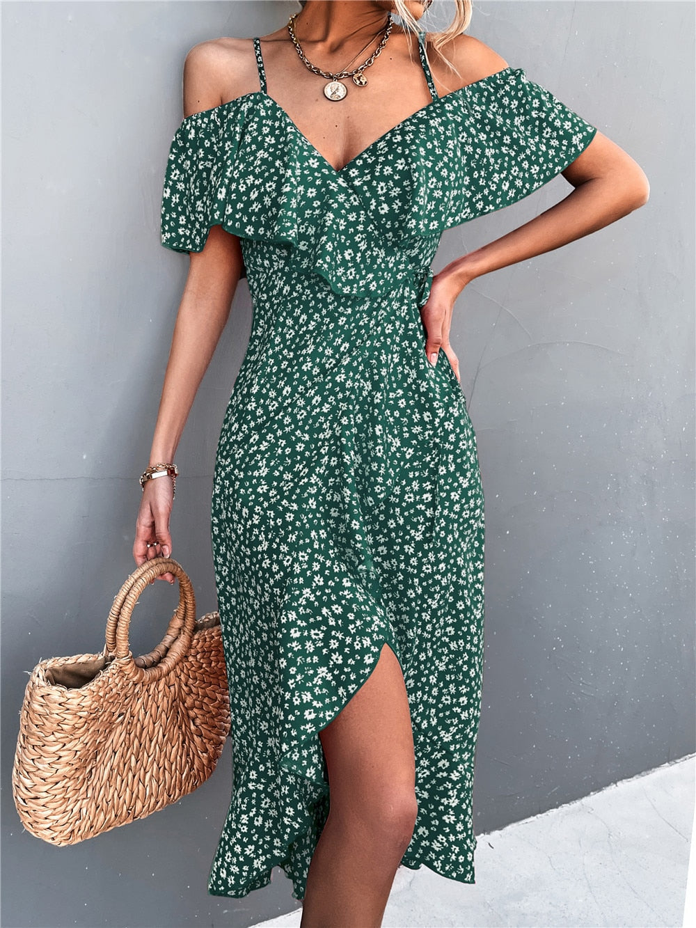 Cold Shoulder Ruffle Trim Wrap Tie Waist High Split Midi Dress