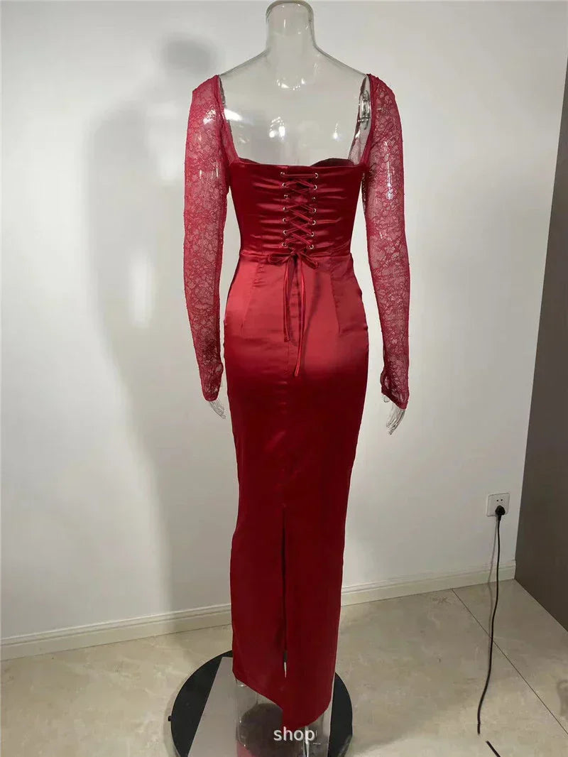 Square Collar Lace - Up Backless Long Sleeve Maxi Dress