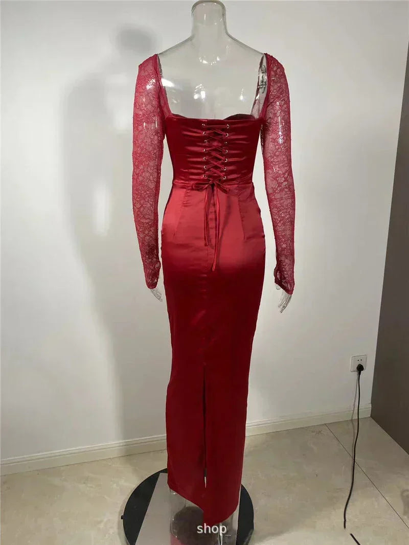 Sweetheart Neck Lace Long Sleeve Corset Bodice Satin Maxi Dress 7