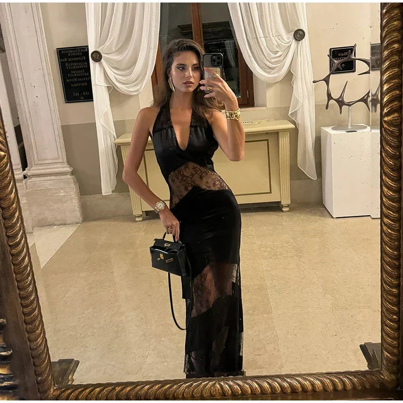 Halter Deep V-Neck Lace Panel Sheer Insert Sleeveless Maxi Gown - View 9